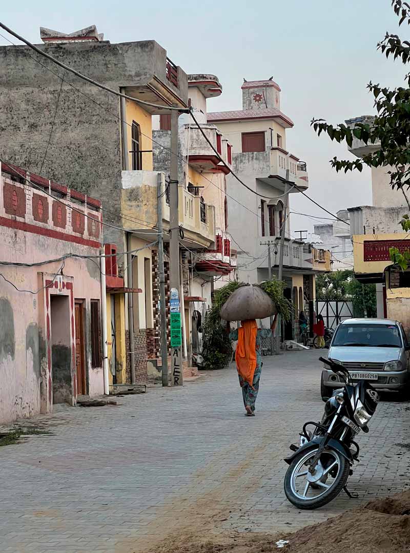 Una donna vestita in arancio e verde cammina di spalle lungo una via in una cittadina indiana