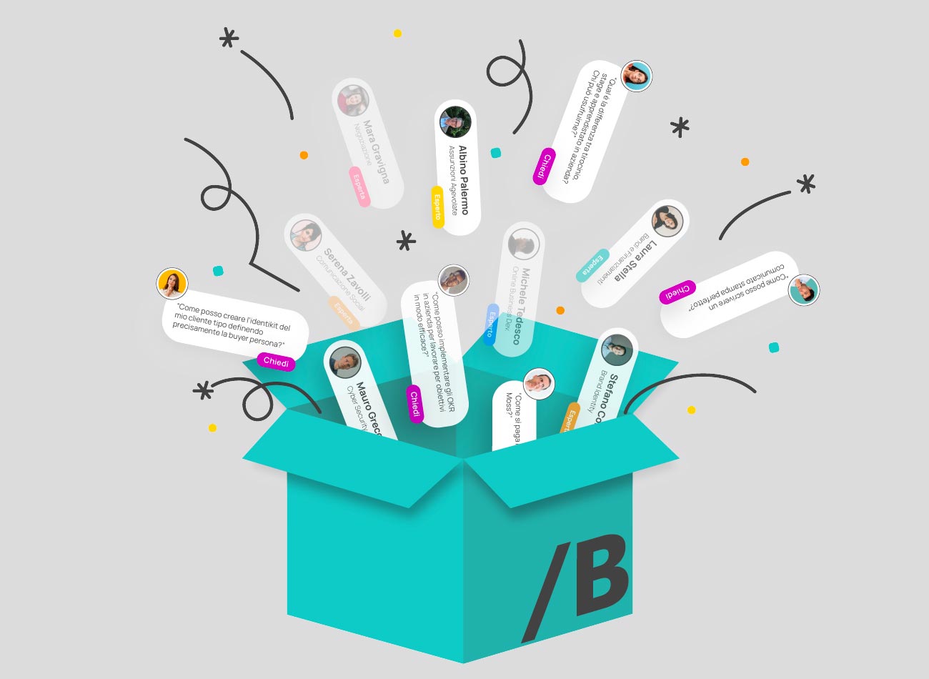 messaggi social che escono da una scatola turchese su sfondo grigio chiaro