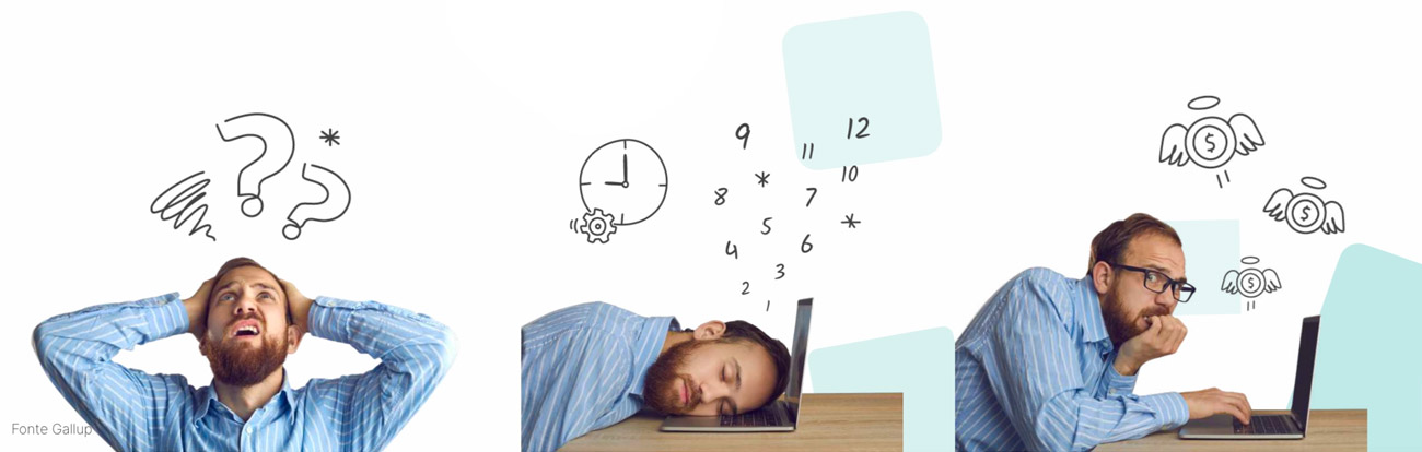 tre immagini di dipendente seduto davanti al monitor cencando le competenze che gli mancano